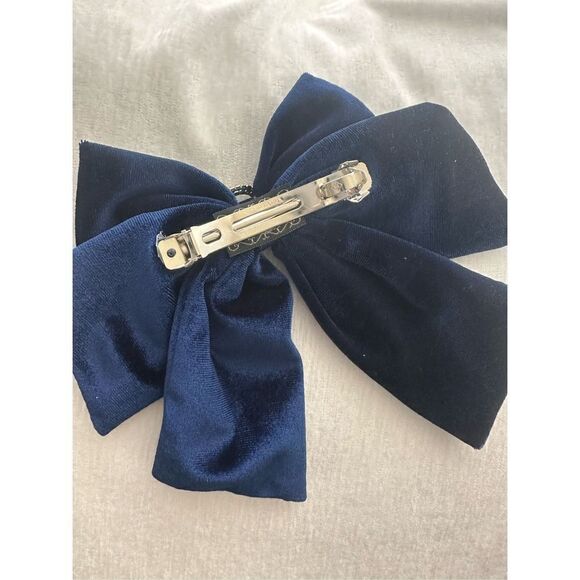 Sapphire, blue velvet, rhinestone, encrusted, hair bow with locking clip - Picture 4 of 4